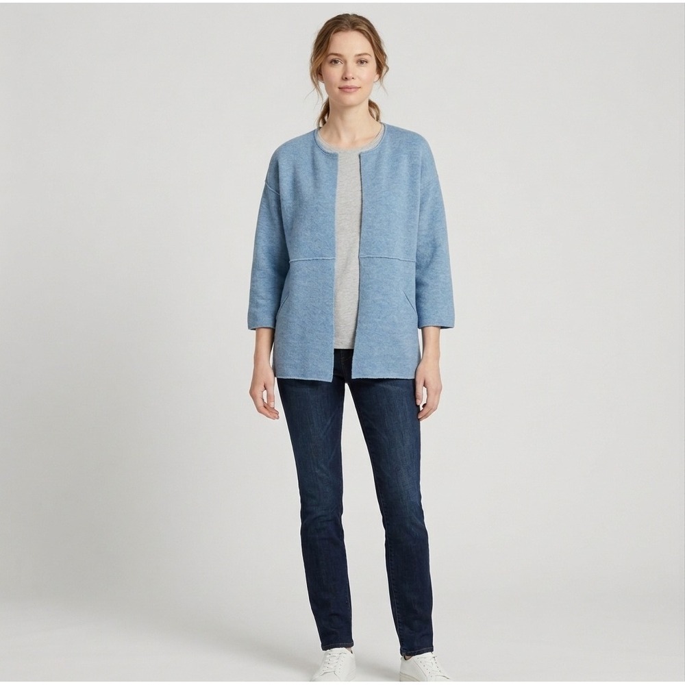 EILEEN FISHER Boiled Wool Cardigan Sweater Women XS Blue Open Front Round Neck